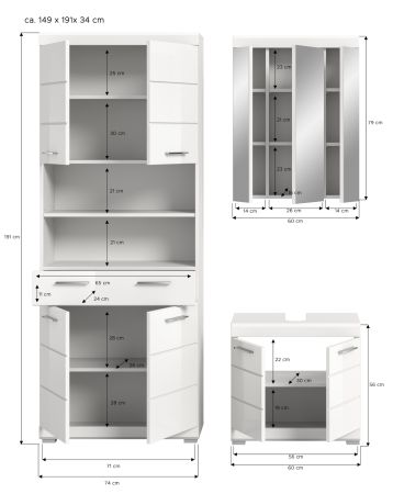 Badm�bel Set 3-teilig Shawn in wei� Hochglanz Badkombination 149 x 191 cm