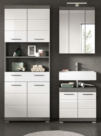 Badm�bel Set 3-teilig Shawn in wei� Hochglanz und Rauchsilber grau Badkombination 149 x 191 cm