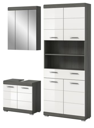 Badm�bel Set 3-teilig Shawn in wei� Hochglanz und Rauchsilber grau Badkombination 149 x 191 cm
