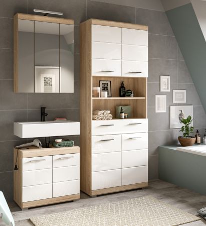 Badm�bel Set 3-teilig Mambo in wei� Hochglanz und Sonoma Eiche Badkombination 149 x 191 cm