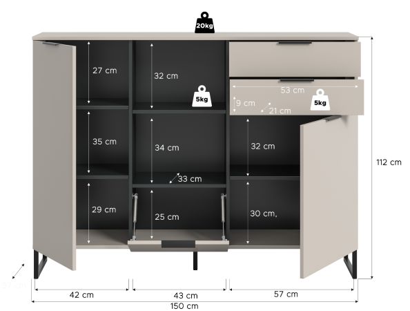Highboard Morena in Kaschmir und Schwarz Kommode 150 x 112 cm, Soft-Close