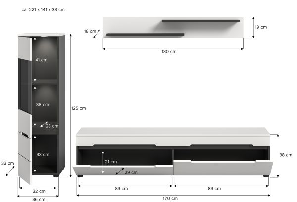 Wohnwand Cooper in wei� und grau Wohnkombination 3-teilig h�ngend / stehend 221 cm