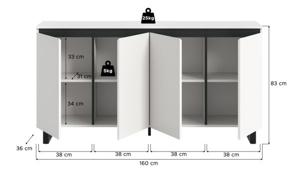 Sideboard Gelia in wei� mit schwarz Kommode 160 x 84 cm, Soft-Close