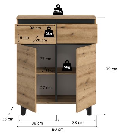 Kommode Gelia in Evoke Eiche und schwarz Highboard 80 x 99 cm, Soft-Close
