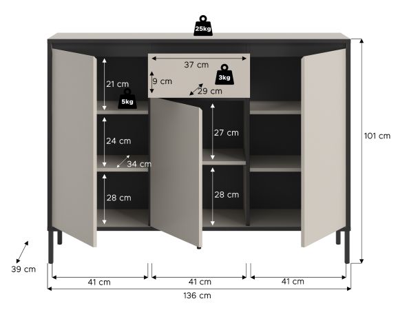 Sideboard Torello in Kaschmir und Schwarz Kommode 136 x 101 cm