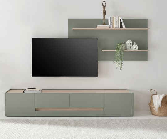 TV-Lowboard Center in Salbei und Barista Eiche TV Unterteil 223 cm TV-Board XL