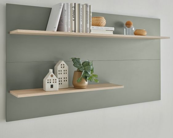 Wandpaneel Center in Salbei und Barista Eiche Wandregal 155 x 80 cm