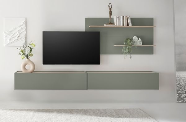 Wandpaneel Center in Salbei und Barista Eiche Wandregal 155 x 80 cm