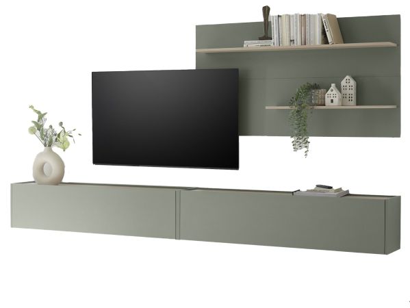 Wohnwand Center in Salbei und Barista Eiche Wohnkombination Set 3-teilig 300 cm