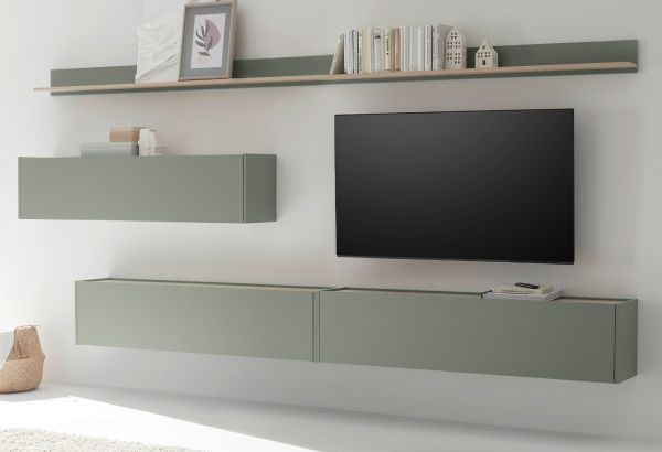 Wohnwand Center in Salbei und Barista Eiche Set 5-teilig mit XXL TV-Board 340 cm