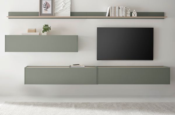 Wohnwand Center in Salbei und Barista Eiche Set 5-teilig mit XXL TV-Board 340 cm