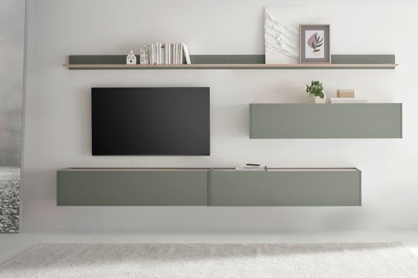 Wohnwand Center in Salbei und Barista Eiche Set 5-teilig mit XXL TV-Board 340 cm
