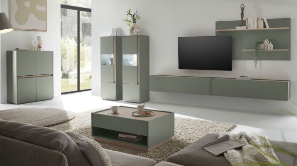 Wohnwand Center in Salbei und Barista Eiche Wohnkombination Set 3-teilig 350 cm