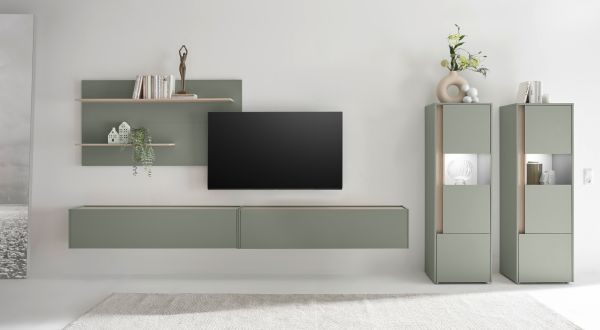 Wohnwand Center in Salbei und Barista Eiche Wohnkombination Set 5-teilig mit XXL-TV-Schrank 440 cm