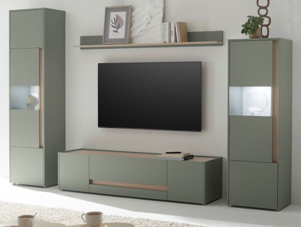Wohnwand Center in Salbei und Barista Eiche Wohnkombination Set 4-teilig 310 cm