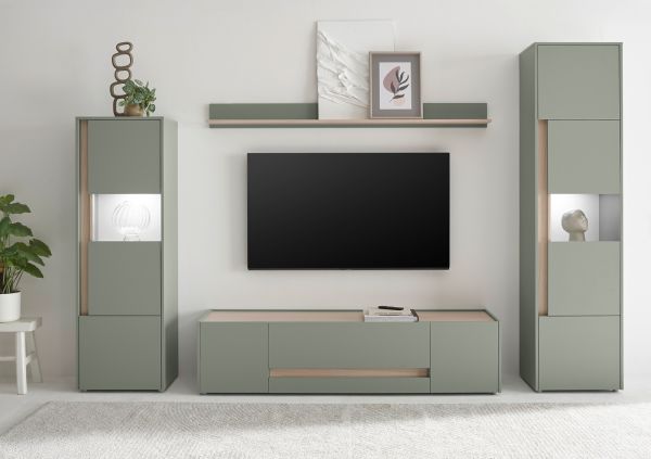 Wohnwand Center in Salbei und Barista Eiche Wohnkombination Set 4-teilig 310 cm