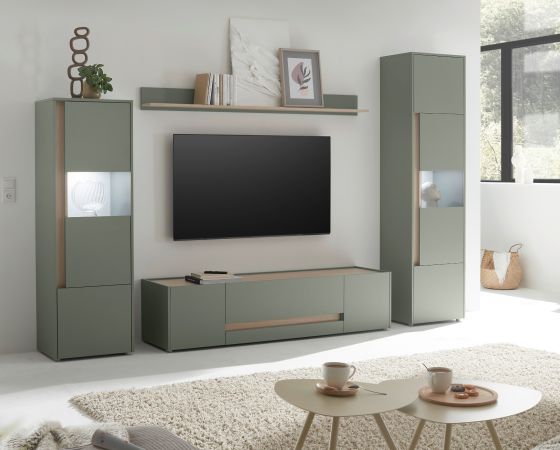 Wohnwand Center in Salbei und Barista Eiche Wohnkombination Set 4-teilig 310 cm