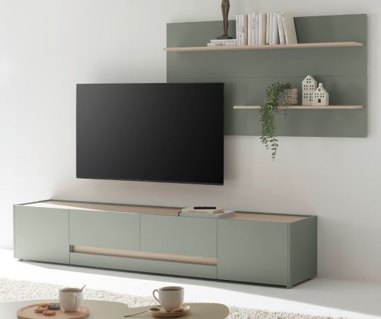 Wohnwand Center in Salbei und Barista Eiche Wohnkombination Set 2-teilig 300 cm
