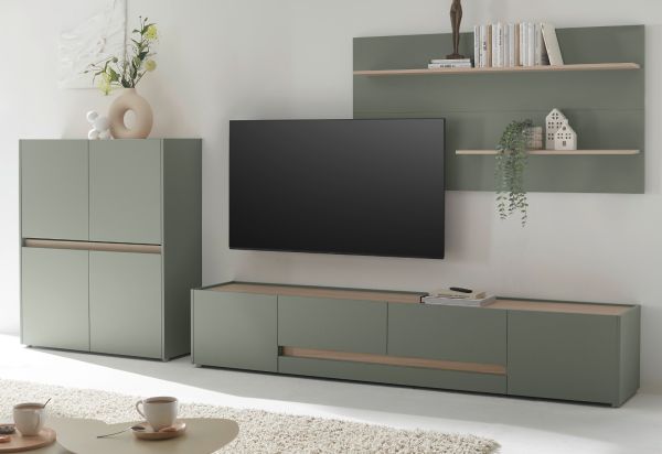 Wohnwand Center in Salbei und Barista Eiche Wohnkombination Set 3-teilig 343 cm