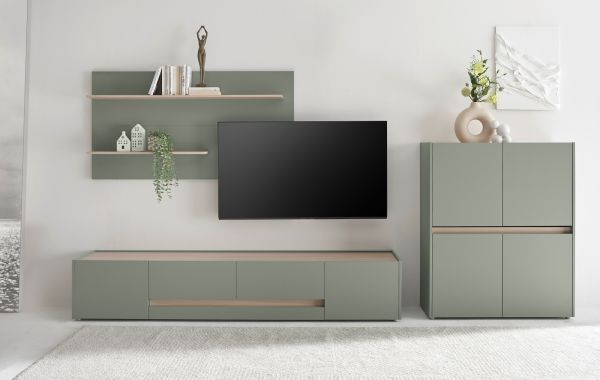 Wohnwand Center in Salbei und Barista Eiche Wohnkombination Set 3-teilig 343 cm