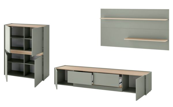 Wohnwand Center in Salbei und Barista Eiche Wohnkombination Set 3-teilig 343 cm