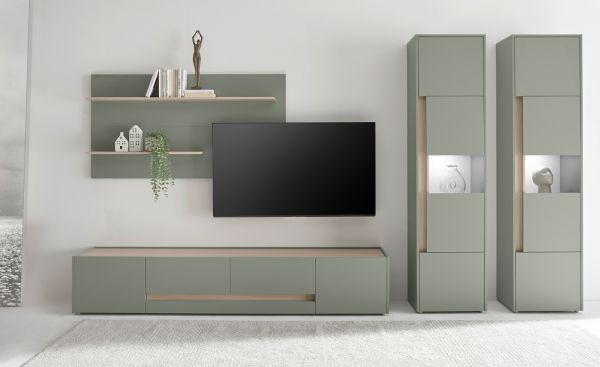 Wohnwand Center in Salbei und Barista Eiche Wohnkombination Set 4-teilig mit XL-TV-Schrank 400 cm