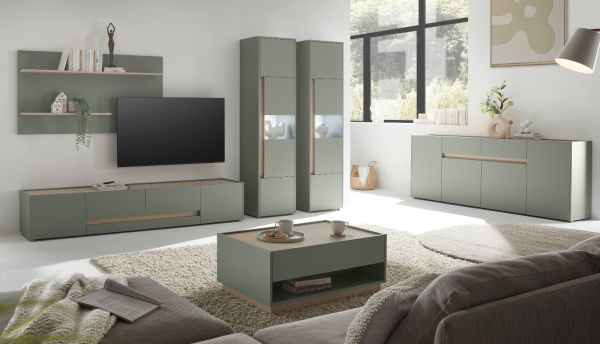 Wohnwand Center in Salbei und Barista Eiche Wohnkombination Set 4-teilig mit XL-TV-Schrank 400 cm