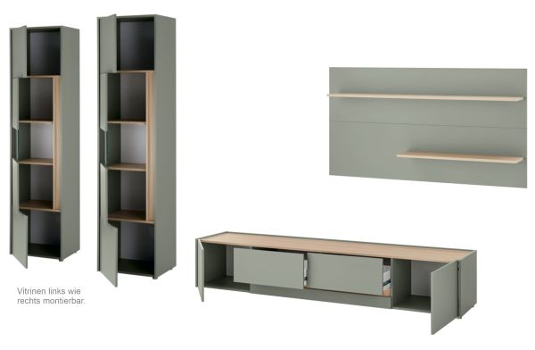 Wohnwand Center in Salbei und Barista Eiche Wohnkombination Set 4-teilig mit XL-TV-Schrank 400 cm