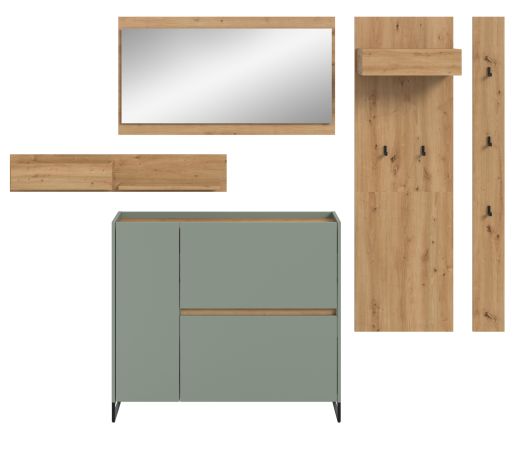 Garderobe Set 5-teilig Borga in Salbei und Artisan Eiche 236 x 192 cm, Soft-Close