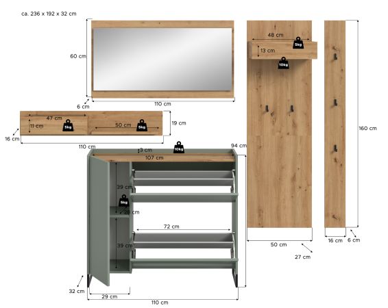 Garderobe Set 5-teilig Borga in Salbei und Artisan Eiche 236 x 192 cm, Soft-Close