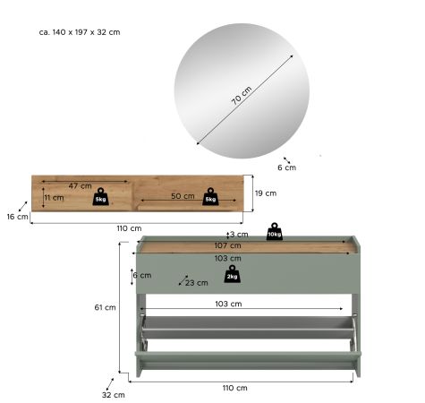 Garderobe Set 3-teilig Borga in Salbei und Artisan Eiche 140 x 197 cm