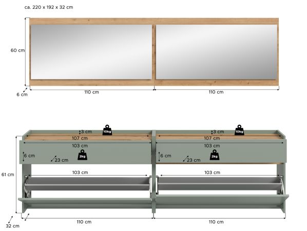 Garderobe Set 4-teilig Borga in Salbei und Artisan Eiche 220 x 192 cm