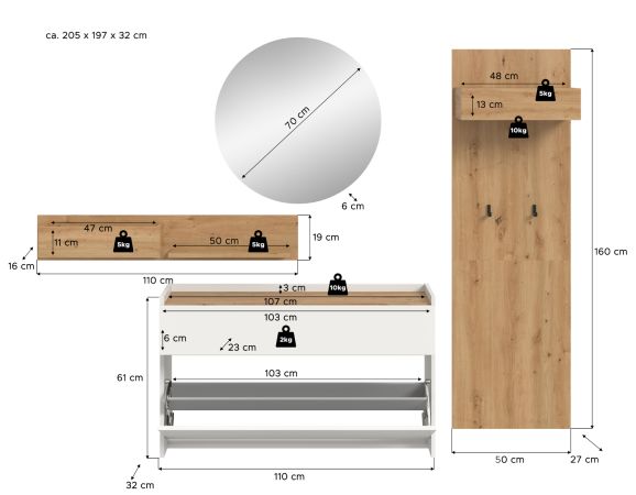 Garderobe Set 4-teilig Borga in wei� und Artisan Eiche 205 x 197 cm