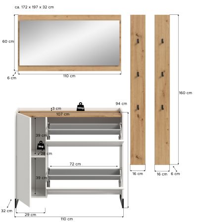 Garderobe Set 4-teilig Borga in wei� und Artisan Eiche 172 x 197 cm, Soft-Close