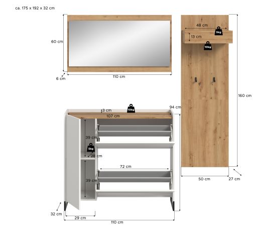 Garderobe Set 3-teilig Borga in wei� und Artisan Eiche 175 x 192 cm, Soft-Close