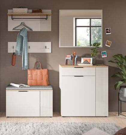 Garderobe Sitzbank Skid in Kaschmir Sand und Evoke Eiche Garderobenbank 80 cm