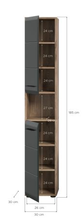 Badezimmer Hochschrank Cover in schwarz matt und Nox Eiche Badschrank 30 x 185 cm