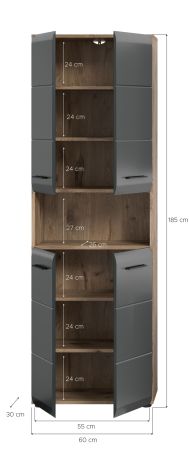 Badezimmer Hochschrank Cover in schwarz matt und Nox Eiche Badschrank 60 x 185 cm