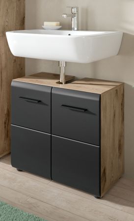 Waschbeckenunterschrank Cover in schwarz matt und Nox Eiche Badezimmer Unterschrank 60 cm