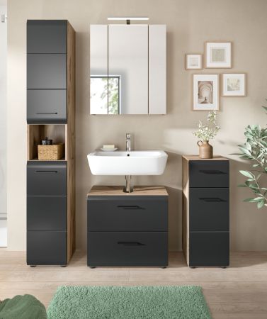 Waschbeckenunterschrank Cover in schwarz matt und Nox Eiche Badezimmer Unterschrank 60 cm