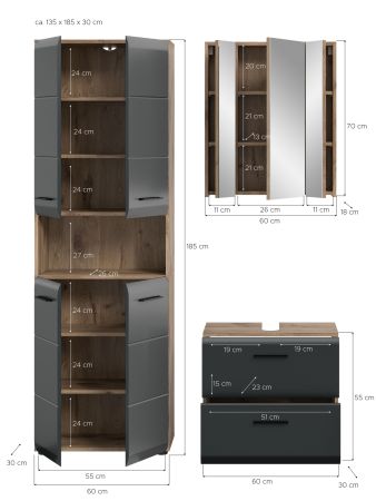 Badm�bel Set 3-teilig Cover in schwarz matt und Nox Eiche Badkombination 135 x 185 cm