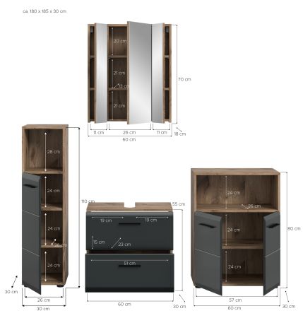 Badm�bel Set 4-teilig Cover in schwarz matt und Nox Eiche Badkombination 180 x 185 cm