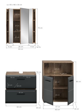 Badm�bel Set 3-teilig Cover in schwarz matt und Nox Eiche Badkombination 135 x 185 cm