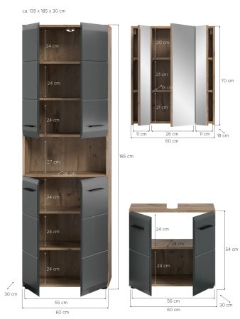 Badm�bel Set 3-teilig Cover in schwarz matt und Nox Eiche Badkombination 135 x 185 cm