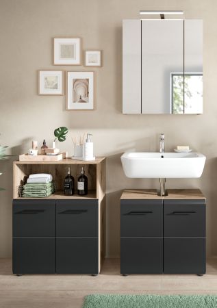 Badm�bel Set 3-teilig Cover in schwarz matt und Nox Eiche Badkombination 135 x 185 cm