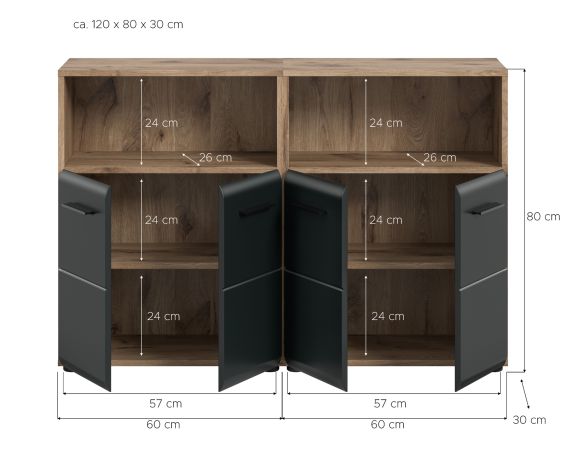 Badezimmer Kommode Set Cover in schwarz matt und Nox Eiche 2x Badkommode 120 x 80 cm