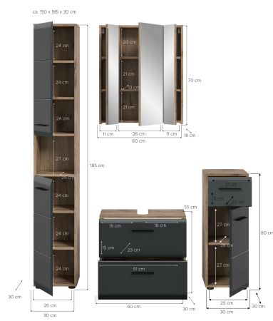 Badm�bel Set 4-teilig Cover in schwarz matt und Nox Eiche Badkombination 150 x 185 cm