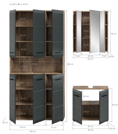 Badm�bel Set 3-teilig Cover in schwarz matt und Nox Eiche Badkombination 165 x 185 cm