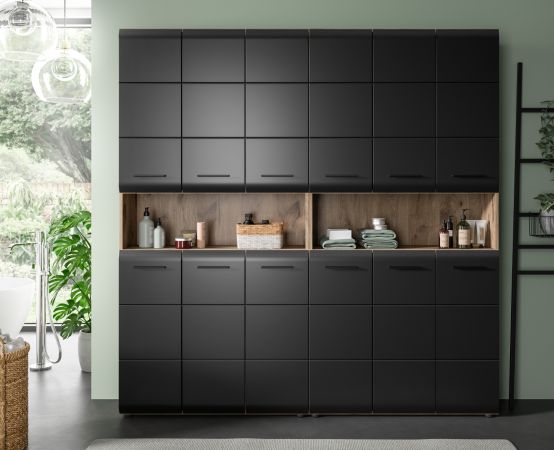 Badezimmer Hochschrank Set Cover in schwarz matt und Nox Eiche 2x Mehrzweckschrank 180 x 185 cm