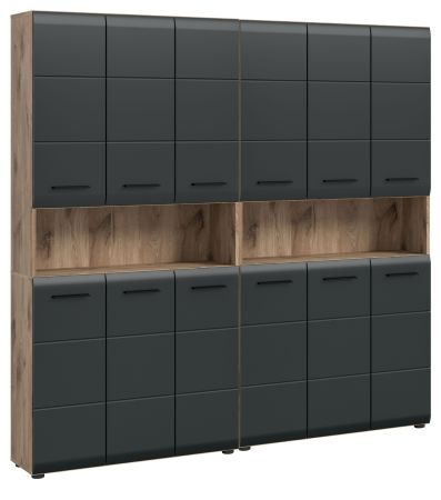 Badezimmer Hochschrank Set Cover in schwarz matt und Nox Eiche 2x Mehrzweckschrank 180 x 185 cm